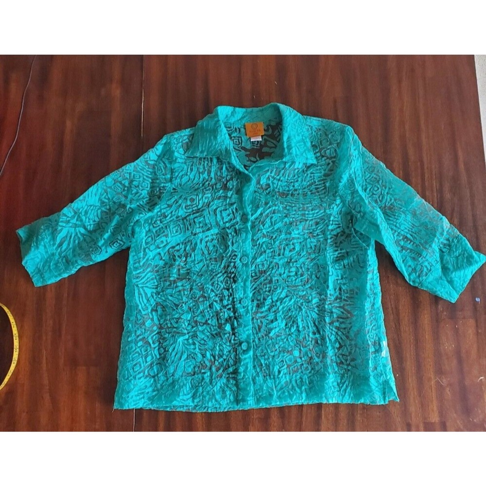 Ruby Rd. Womens Green Lace Blouse Button Down Sheer Top Size 12P 3/4 Sleeves